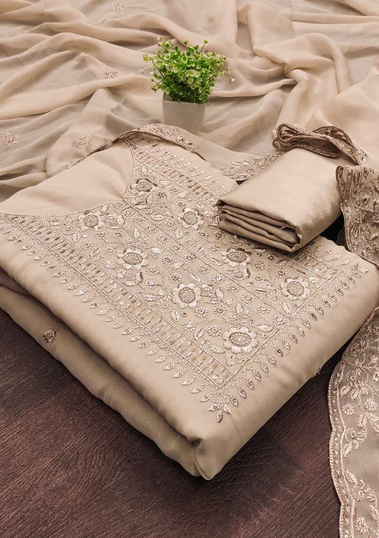 Beige Embroidered Georgette Pakistani Suit Set - Indya
