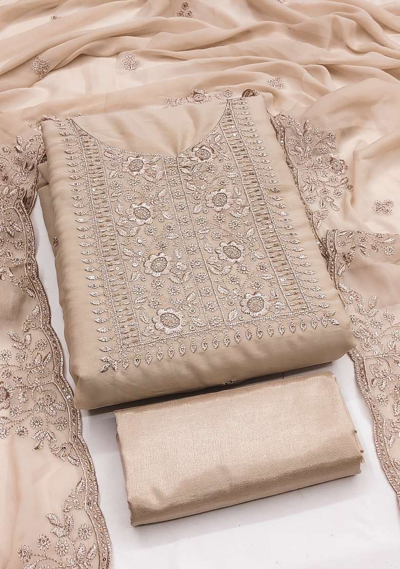 Beige Embroidered Georgette Pakistani Suit Set - Indya