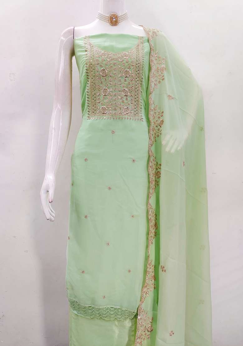 Light Green Embroidered Georgette Straight Kurta Set - Indya