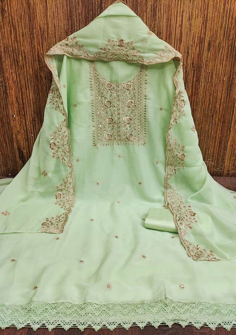 Light Green Embroidered Georgette Straight Kurta Set - Indya