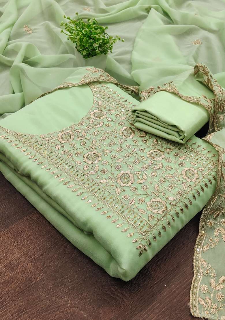 Light Green Embroidered Georgette Straight Kurta Set - Indya