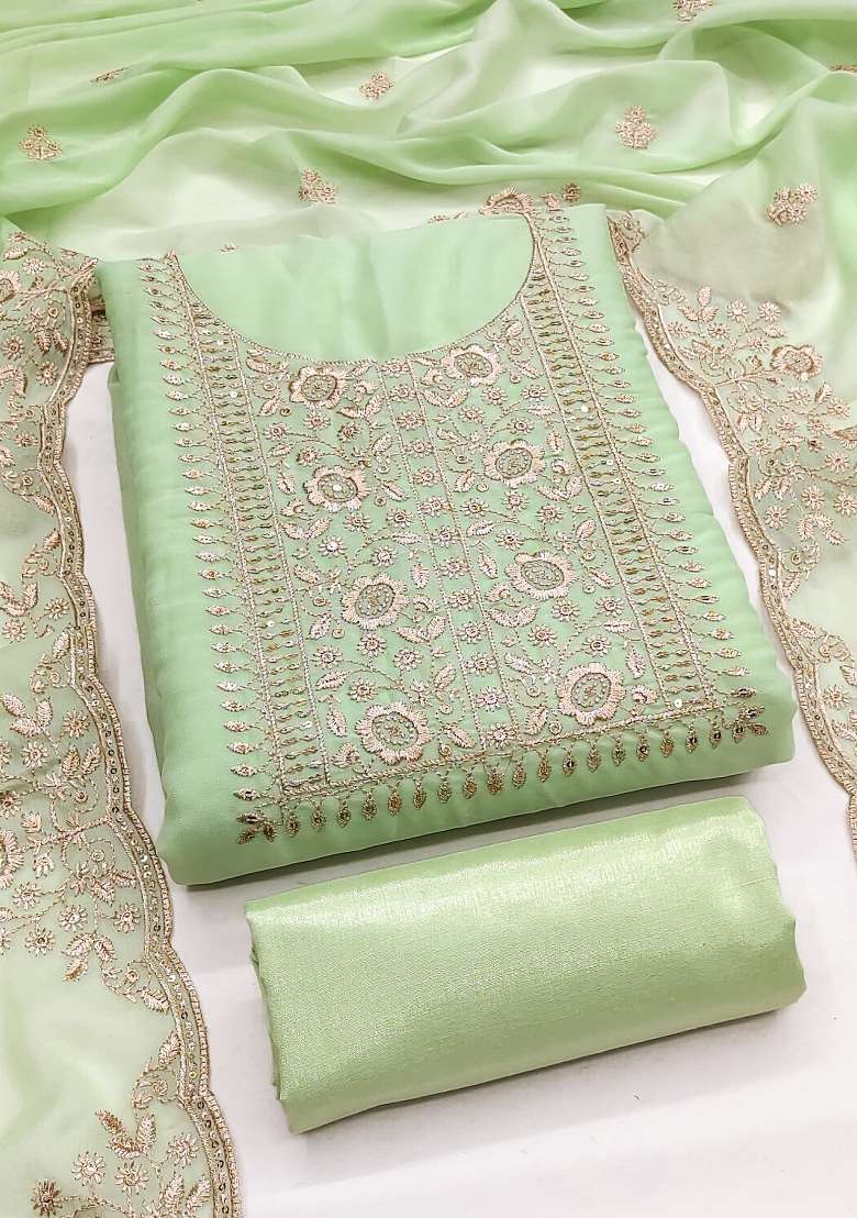 Light Green Embroidered Georgette Straight Kurta Set - Indya