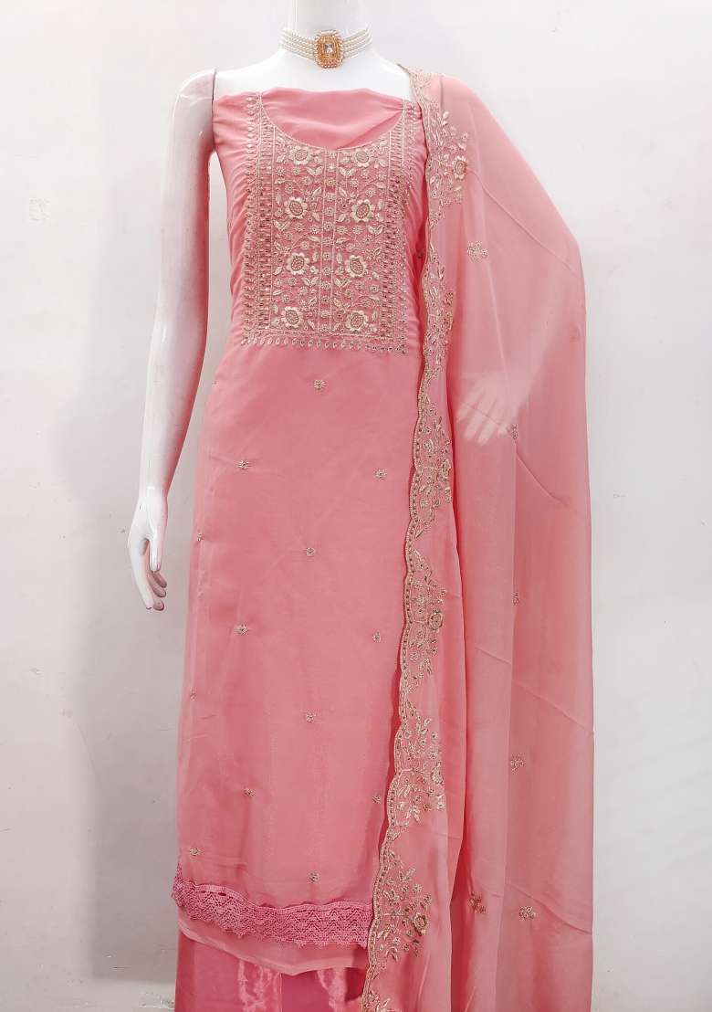 Pink Embroidered Georgette Straight Kurta Set - Indya