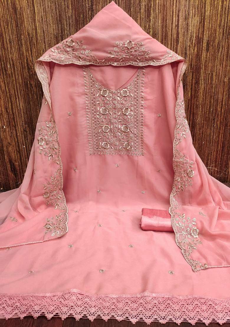 Pink Embroidered Georgette Straight Kurta Set - Indya