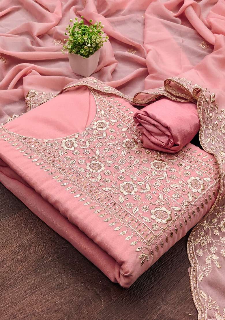 Pink Embroidered Georgette Straight Kurta Set - Indya