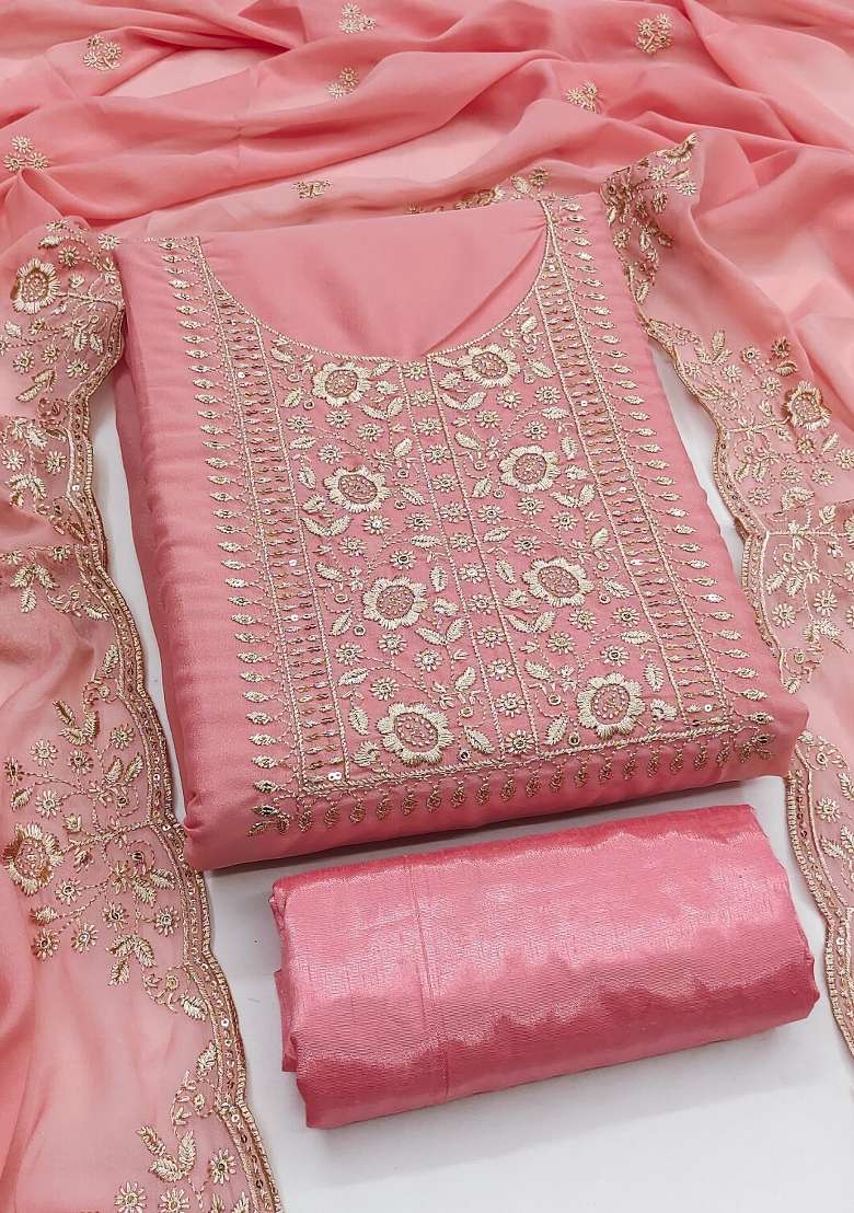 Pink Embroidered Georgette Straight Kurta Set - Indya