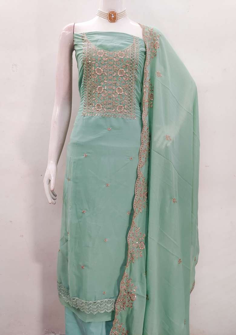 Sea Green Embroidered Georgette Pakistani Suit Set - Indya