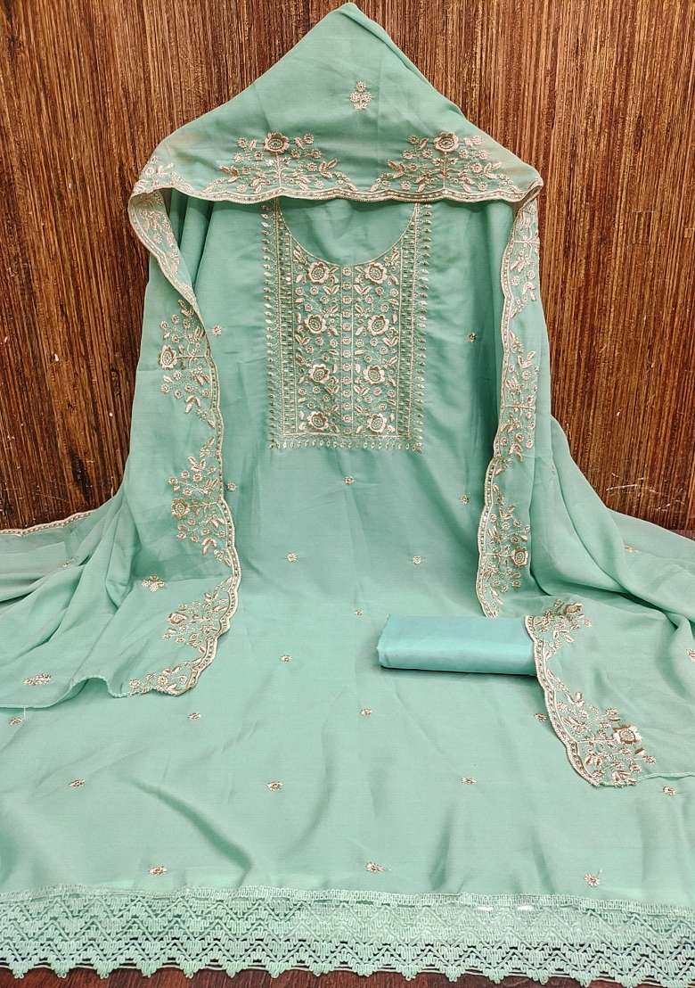 Sea Green Embroidered Georgette Pakistani Suit Set - Indya