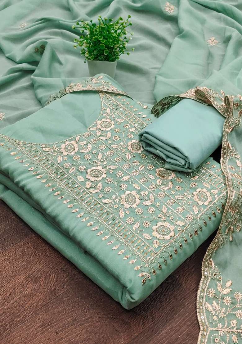 Sea Green Embroidered Georgette Pakistani Suit Set - Indya