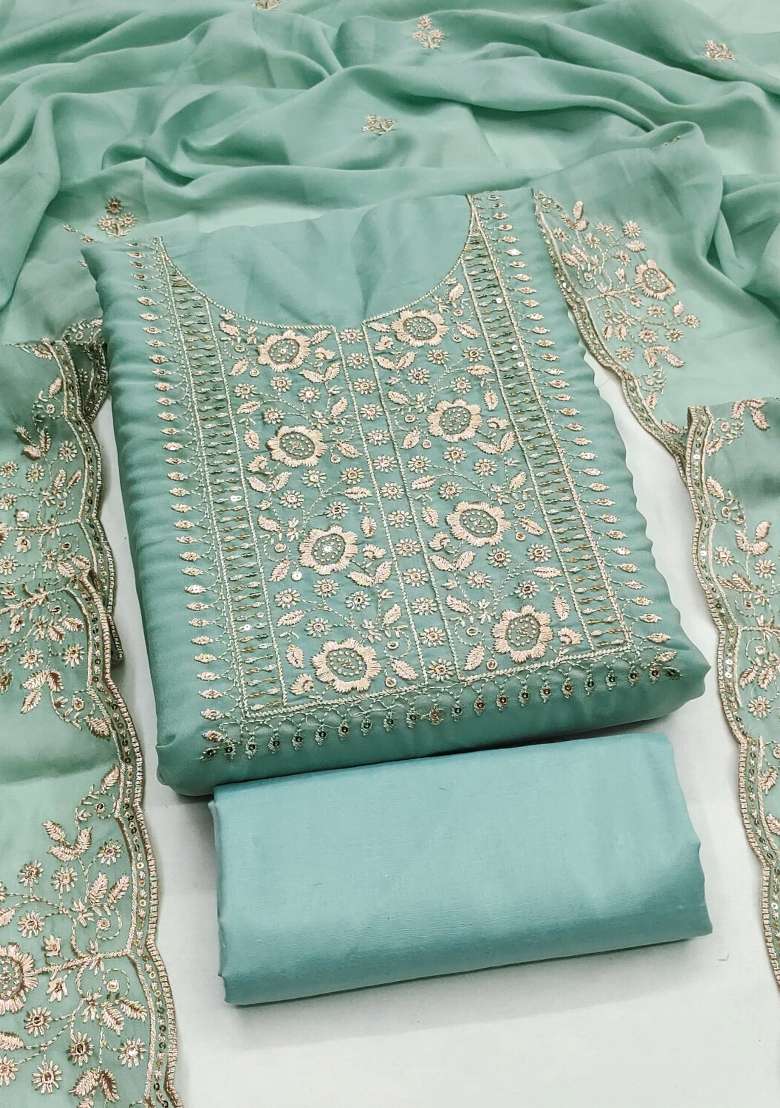Sea Green Embroidered Georgette Pakistani Suit Set - Indya