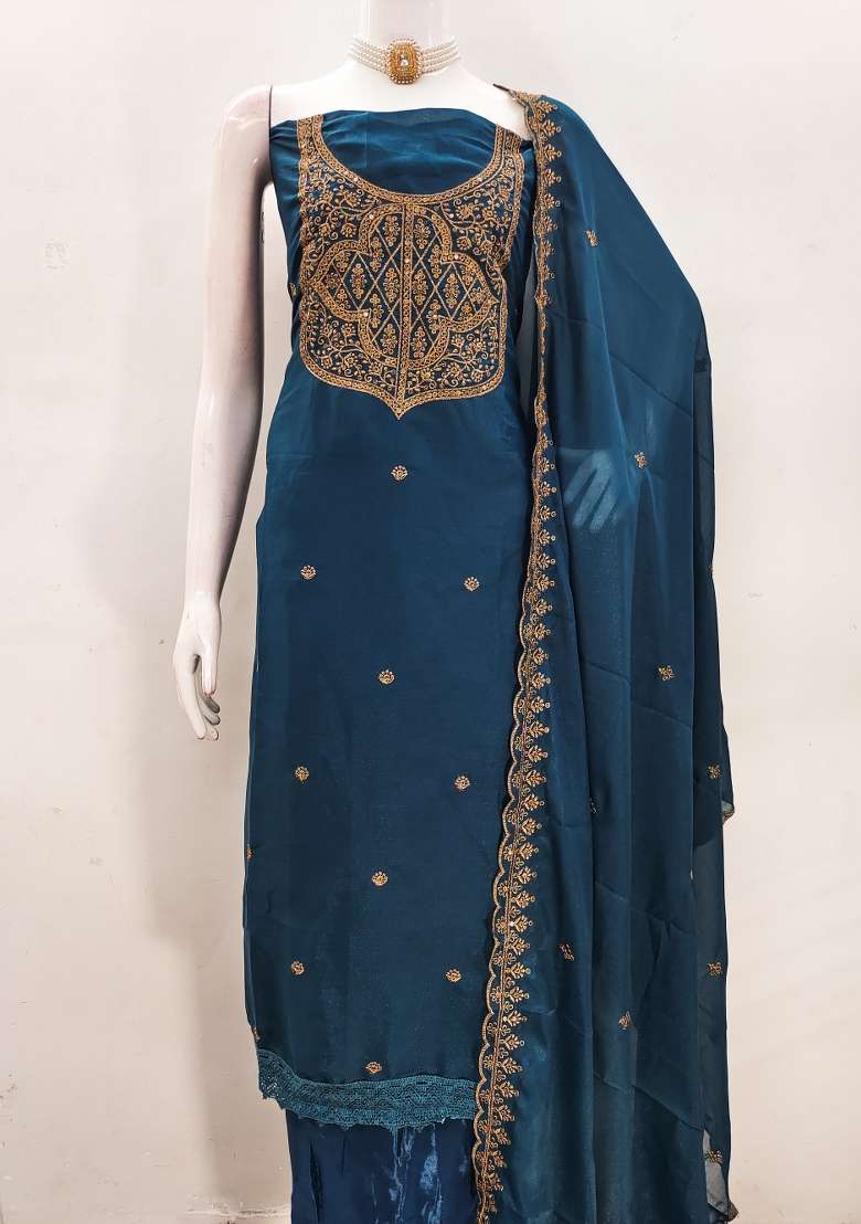 Blue Embroidered Georgette Sharara Set - Indya