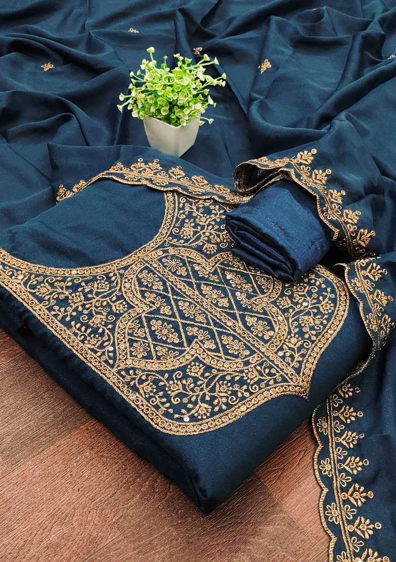 Blue Embroidered Georgette Sharara Set - Indya