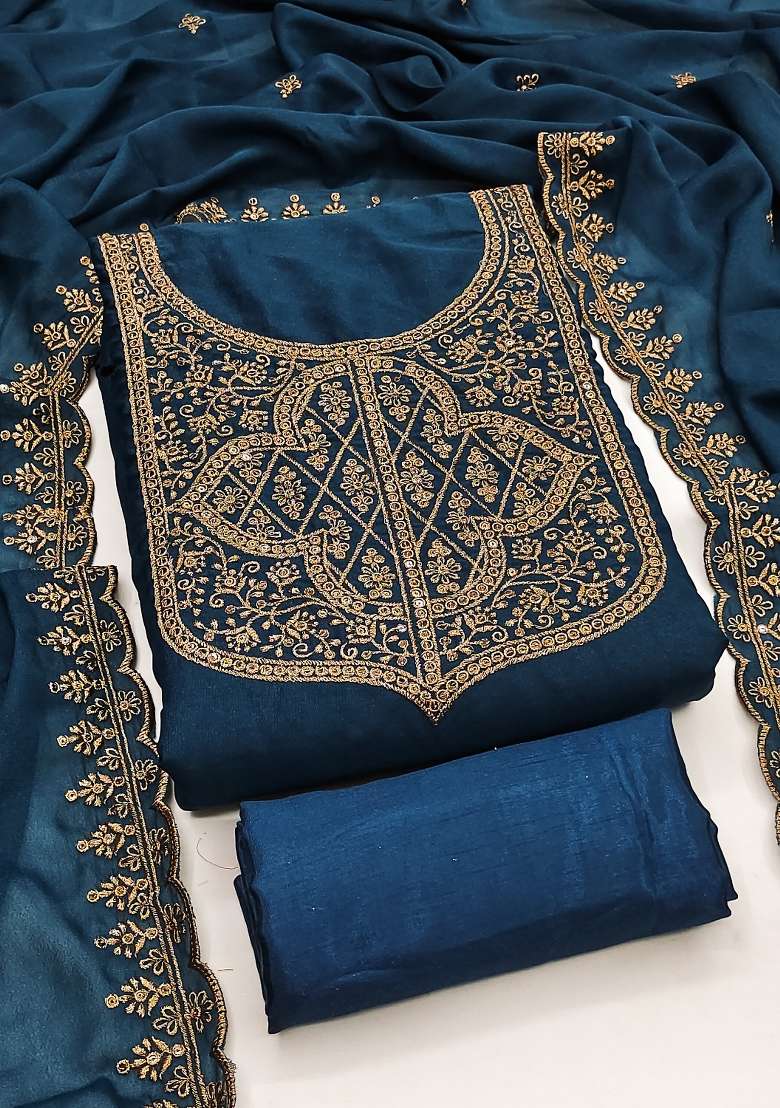 Blue Embroidered Georgette Sharara Set - Indya