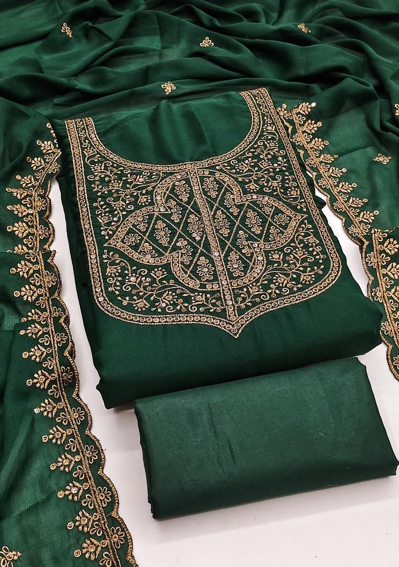 Green Embroidered Georgette Dress Material - Indya