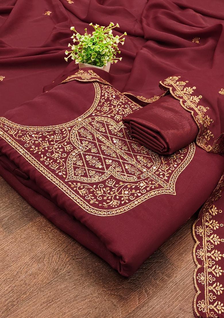 Maroon Embroidered Georgette Dress Material - Indya