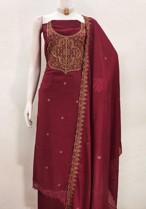 Maroon Embroidered Georgette Dress Material