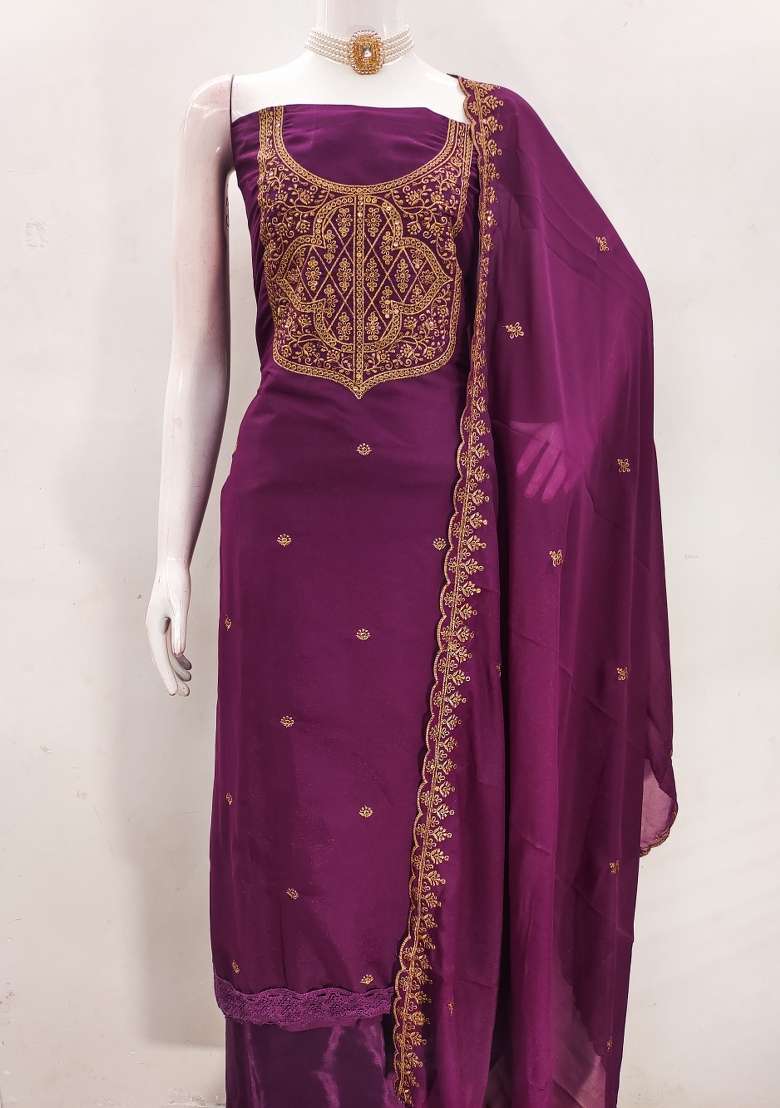 Voilet Embroidered Georgette Pakistani Suit Set - Indya