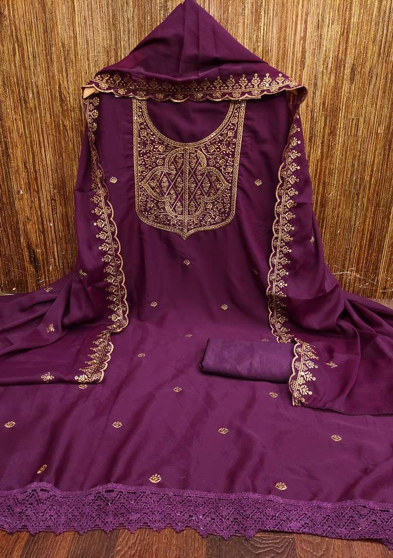 Voilet Embroidered Georgette Pakistani Suit Set - Indya