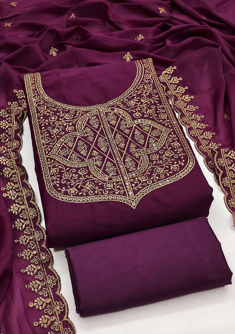 Voilet Embroidered Georgette Pakistani Suit Set - Indya