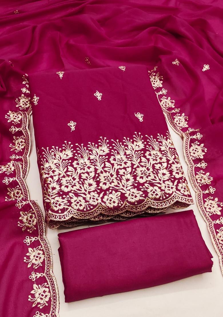 Magenta Embroidered Georgette Dress Material - Indya