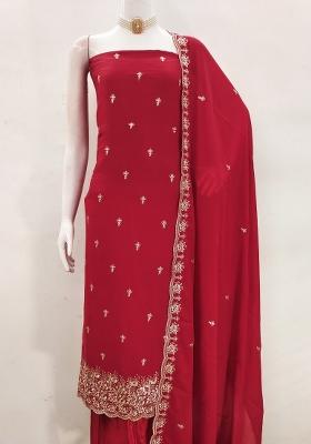 Red Embroidered Georgette Dress Material
