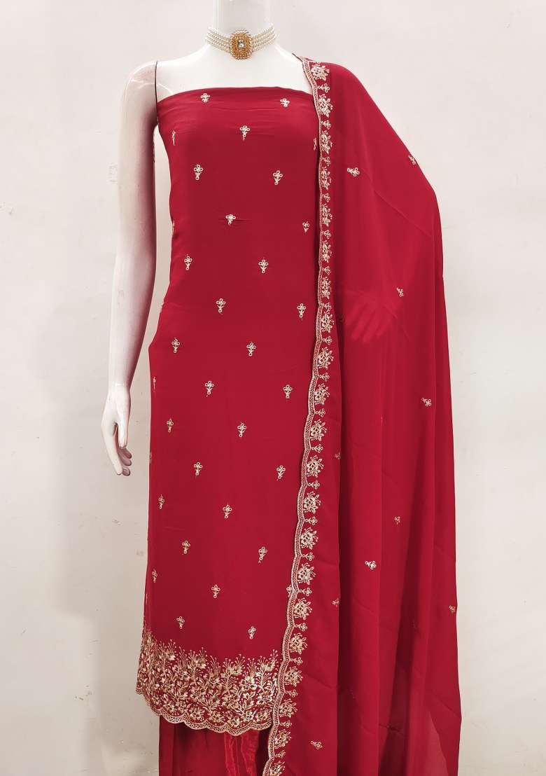 Red Embroidered Georgette Sharara Set - Indya