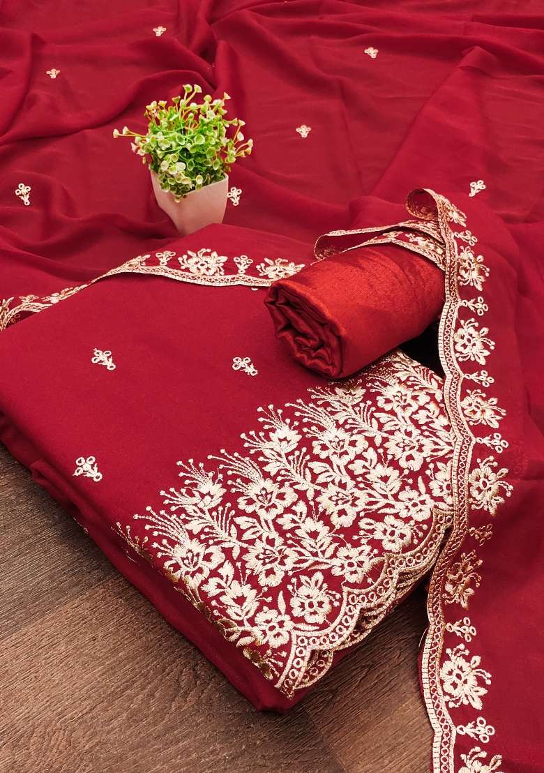 Red Embroidered Georgette Sharara Set - Indya