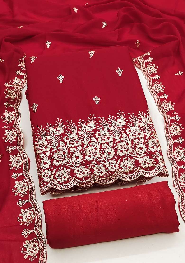 Red Embroidered Georgette Sharara Set - Indya