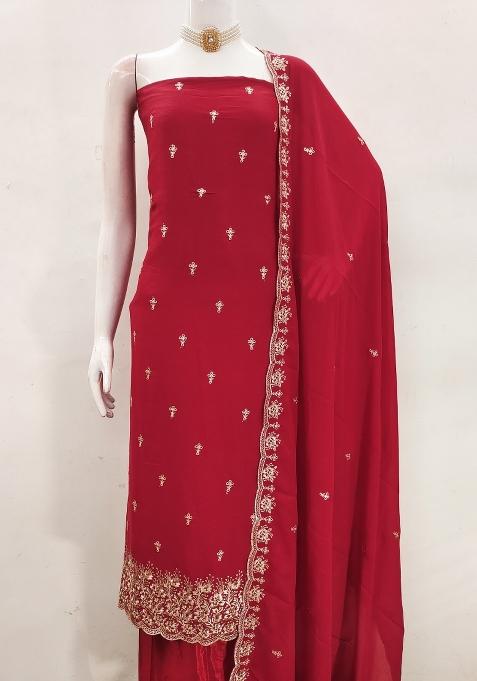 Red Embroidered Georgette Dress Material