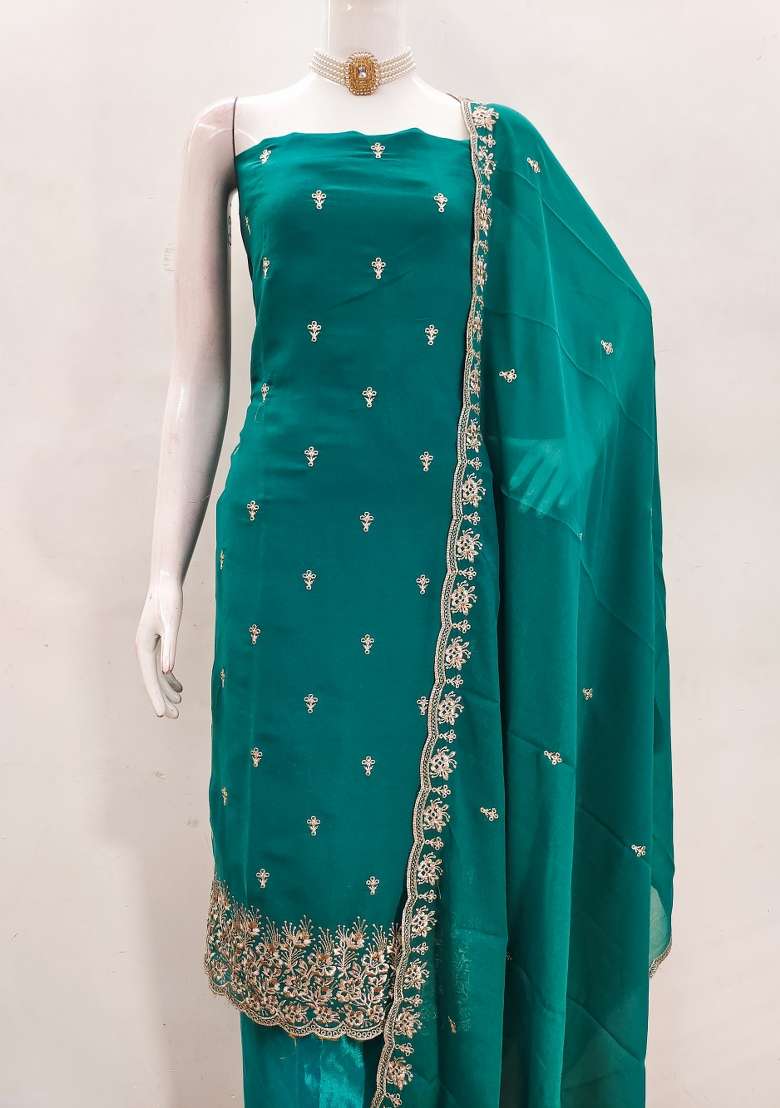 Sea Green Embroidered Georgette Dress Material - Indya
