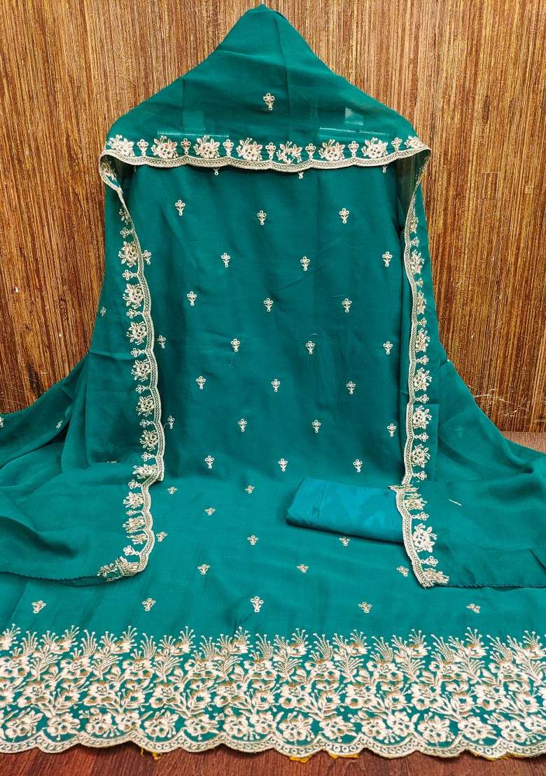 Sea Green Embroidered Georgette Dress Material - Indya