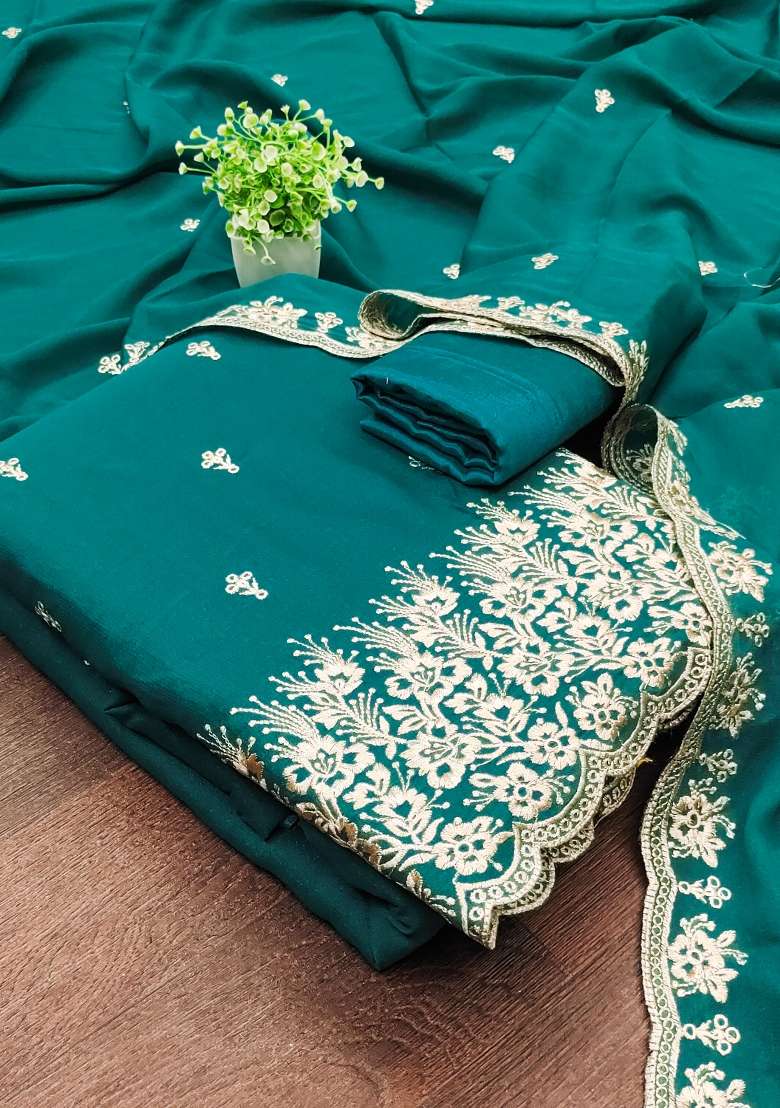 Sea Green Embroidered Georgette Dress Material - Indya