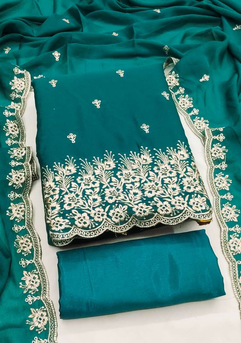Sea Green Embroidered Georgette Dress Material - Indya