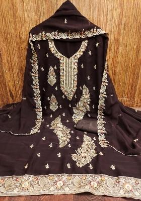 Brown Embroidered Georgette Dress Material