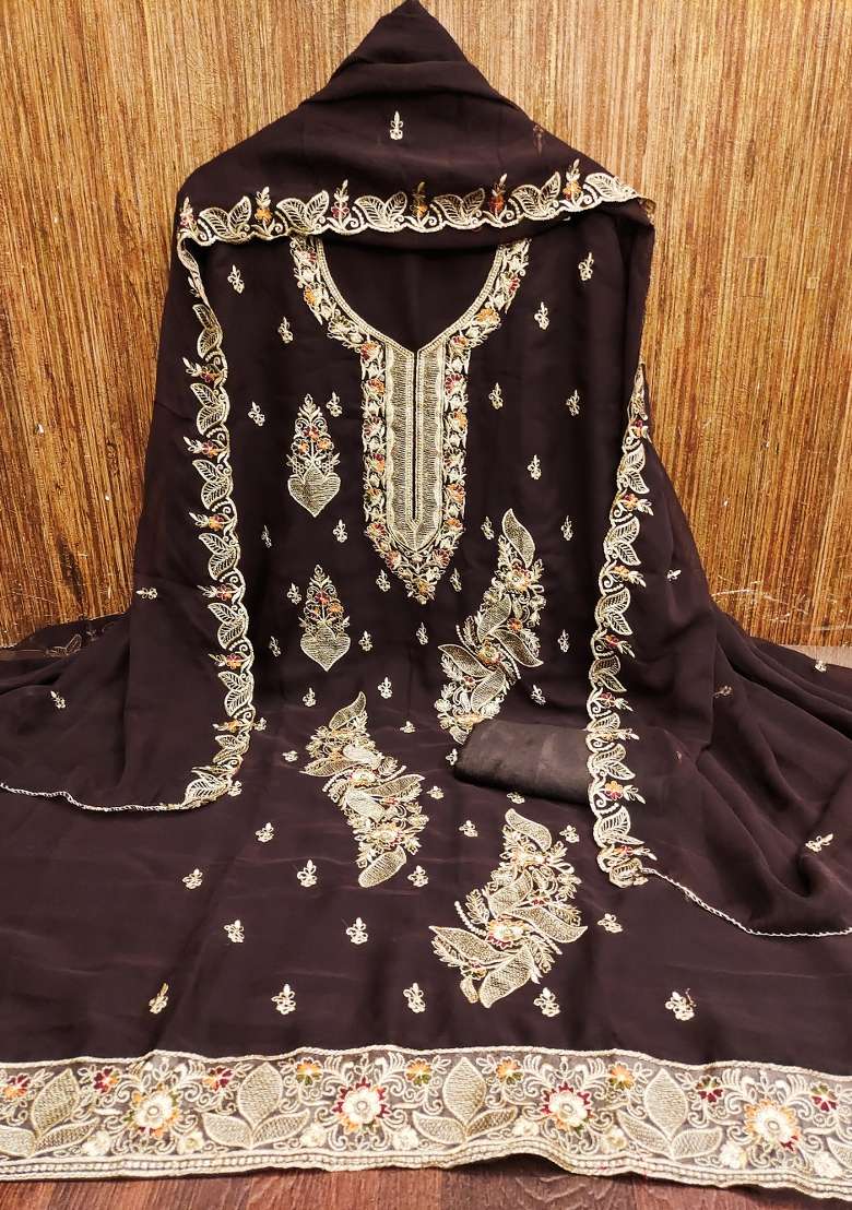 Brown Embroidered Georgette Straight Kurta Set - Indya