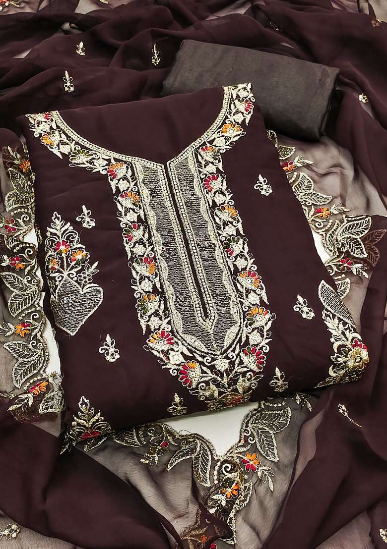 Brown Embroidered Georgette Straight Kurta Set - Indya
