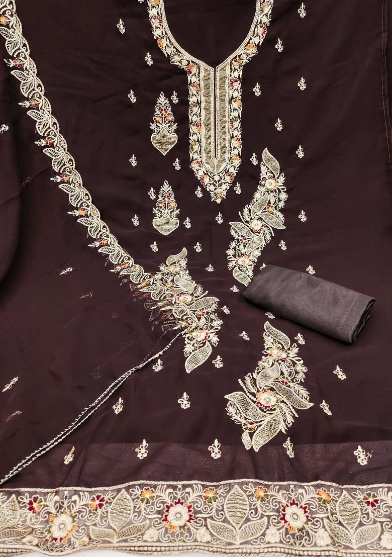 Brown Embroidered Georgette Straight Kurta Set - Indya