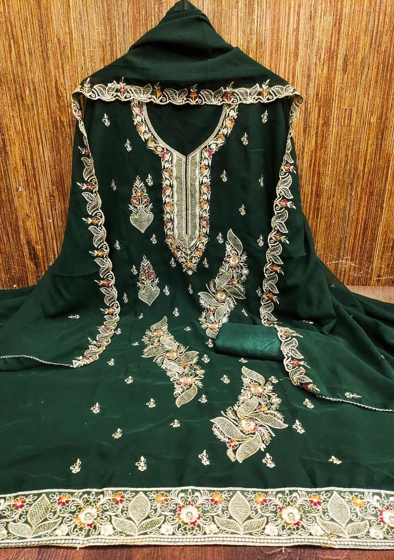 Green Embroidered Georgette Pakistani Suit Set - Indya