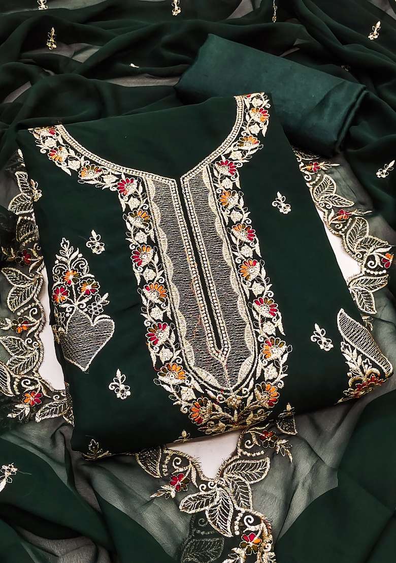 Green Embroidered Georgette Pakistani Suit Set - Indya