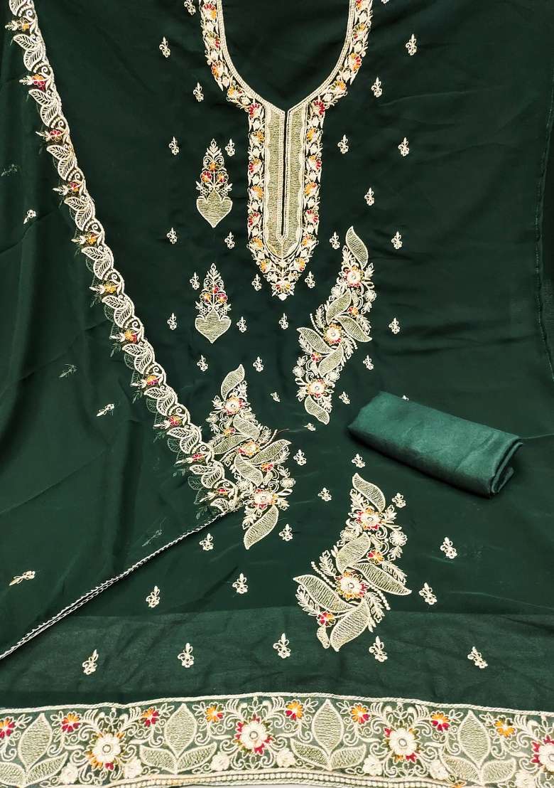 Green Embroidered Georgette Pakistani Suit Set - Indya