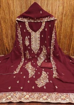 Maroon Embroidered Georgette Dress Material