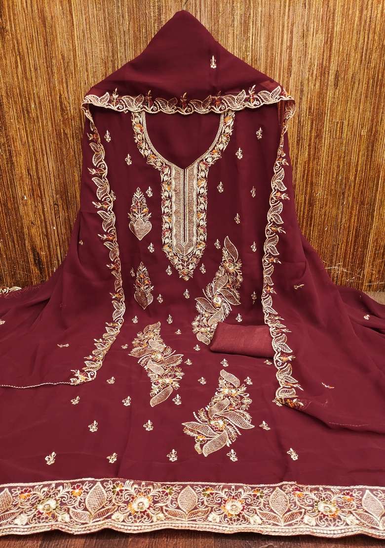 Maroon Embroidered Georgette Straight Kurta Set - Indya