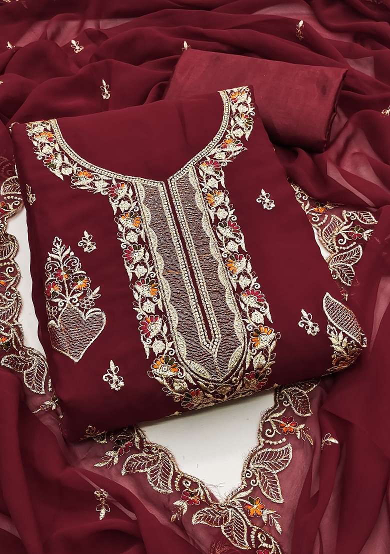 Maroon Embroidered Georgette Straight Kurta Set - Indya
