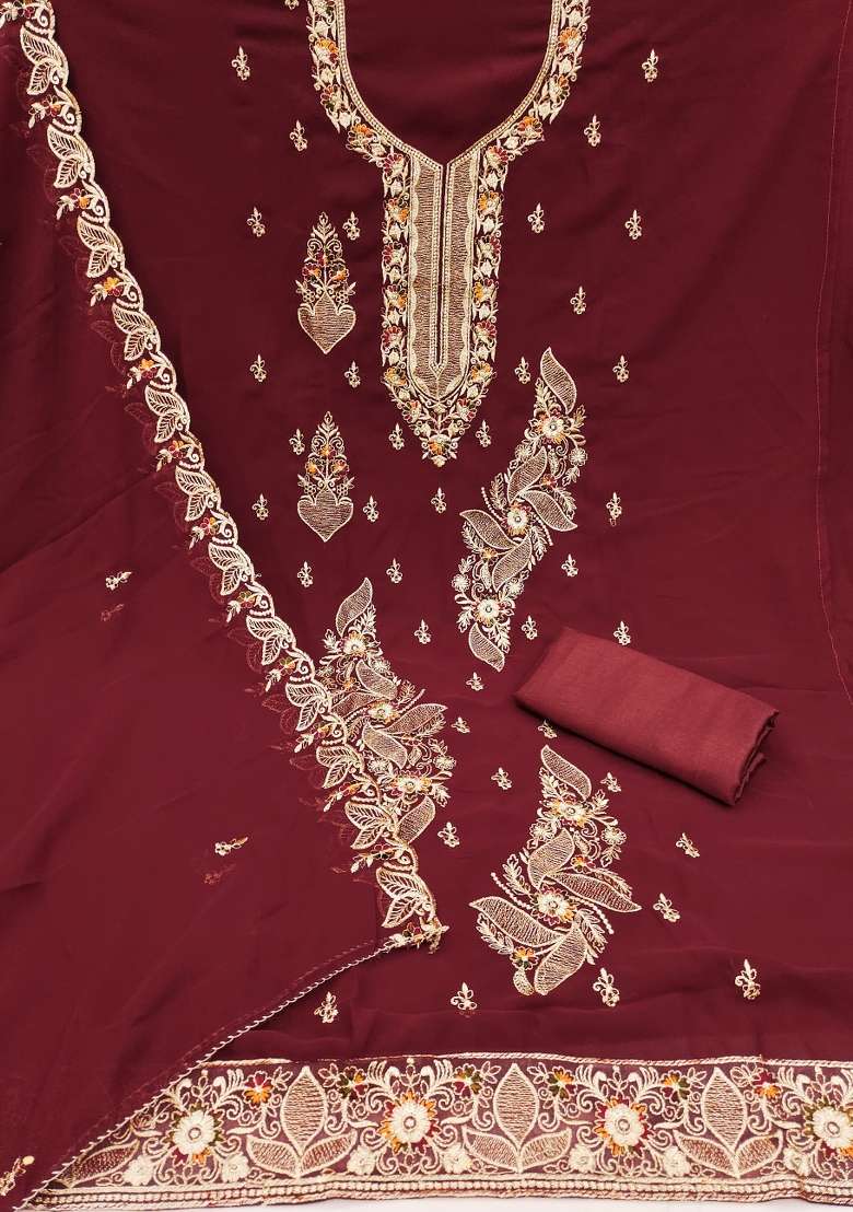 Maroon Embroidered Georgette Straight Kurta Set - Indya