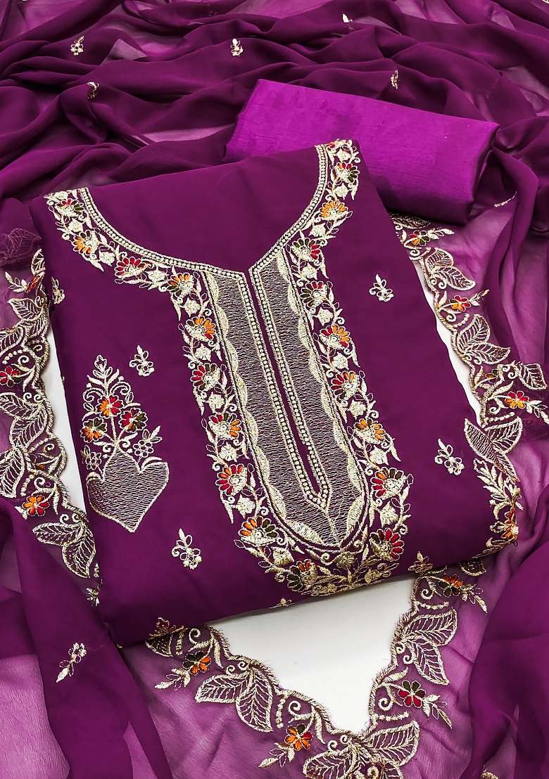 Purple Embroidered Georgette Pakistani Suit Set - Indya
