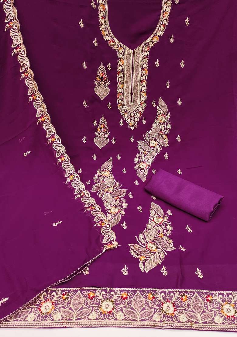 Purple Embroidered Georgette Pakistani Suit Set - Indya