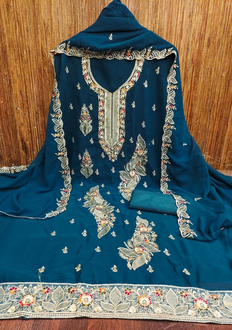 Teal Blue Embroidered Georgette Dress Material