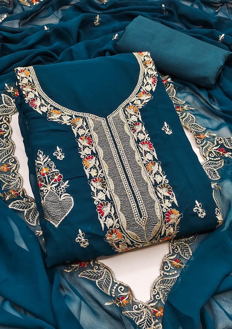 Teal Blue Embroidered Georgette Dress Material