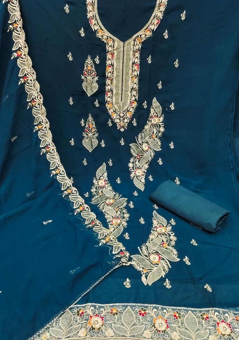 Teal Blue Embroidered Georgette Dress Material