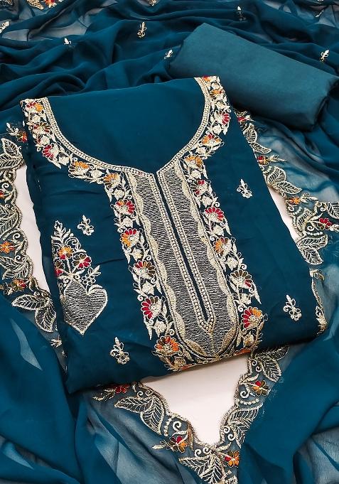 Teal Blue Embroidered Georgette Dress Material